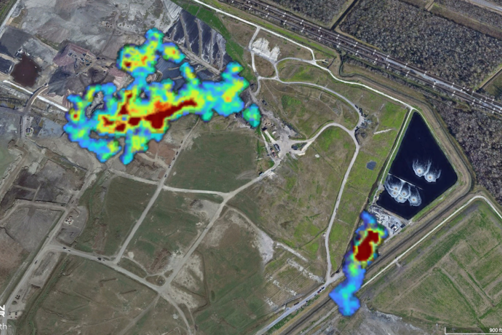 An aerial image of a landfill with a heat map showing methane emissions