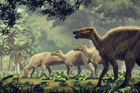 An&nbsp;Edmontosaurus&nbsp;herd grazes in a forest.