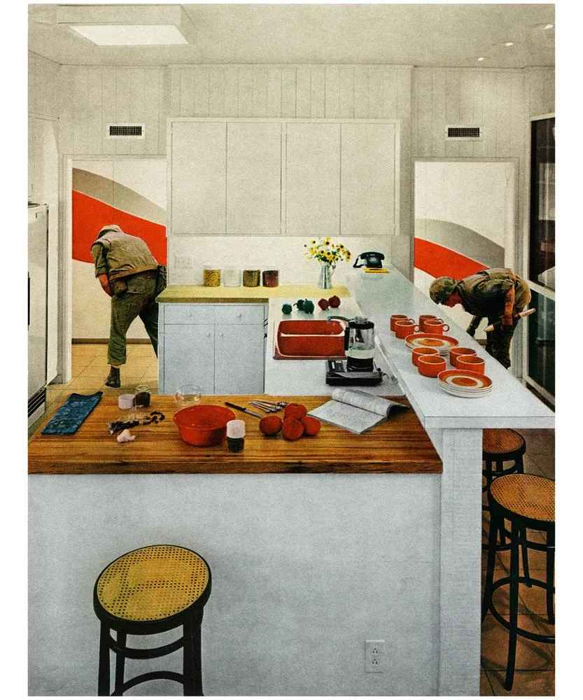 A painting of a kitchen with red utensils and two soldiers in the hallway.