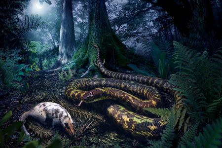 The ancestor of all living snakes, depicted on the prowl in the South American forests it likely inhabited 110 million years ago, likely possessed a pair of tiny hind limbs and hunted at night.