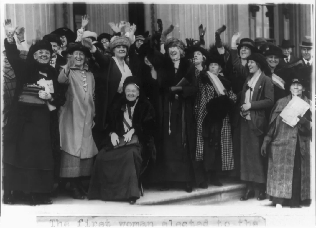A crowd of prominent women greets Felton in Washington, D.C. in November 1922.