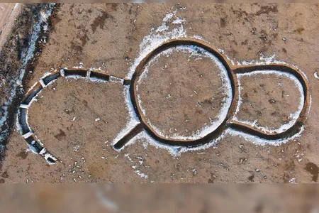 An aerial view of the structure, which resembles a wonky, incomplete bow tie.