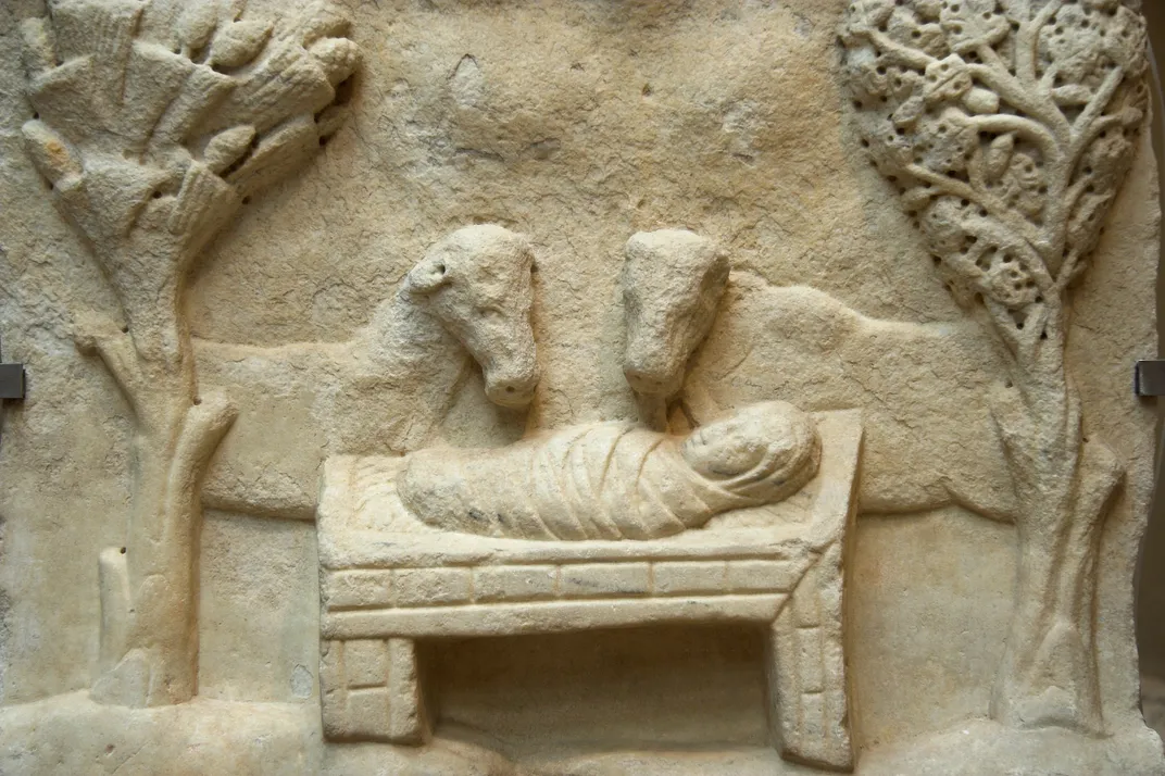 A late fourth- or early fifth-century marble relief depicting Christ with an ox and a donkey