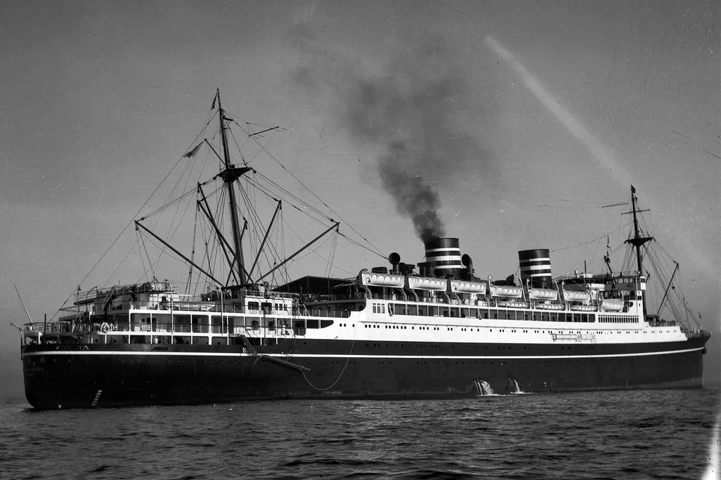 The Asama Maru, a Japanese ship that transported Allied civilians to the east coast of Africa, where they were traded for Japanese civilians from North and South America