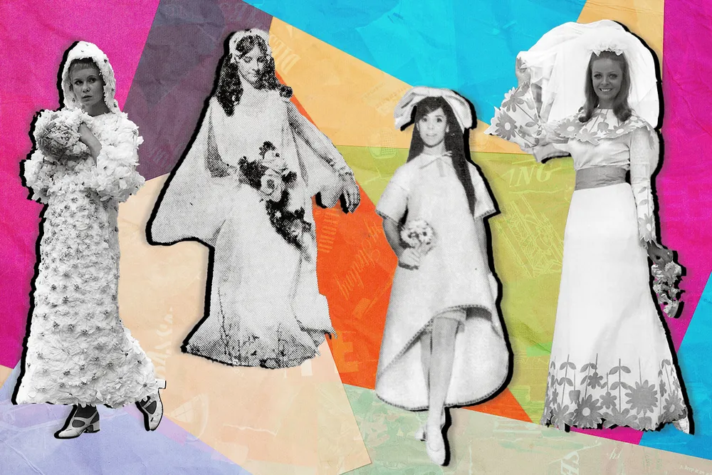 An illustration of brides in paper wedding dresses
