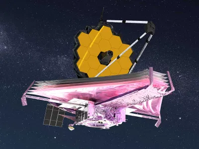 An artist&rsquo;s conception of the James Webb Space Telescope at work.