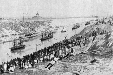 An illustration of opening of the Suez Canal in 1869