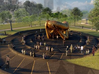 A rendering of by Hank Willis Thomas' The Embrace, a public memorial set to be unveiled in the Boston Commons in October 2022