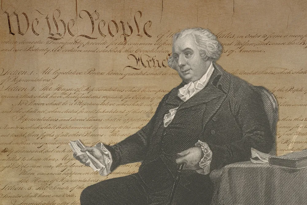 An illustration of Gouverneur Morris in front of the Constitution