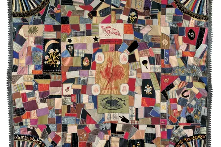 A "crazy quilt"—a chaotic style without repeating features—by an unidentified 19th-century artist incorporates politicians' campaign banner portraits.