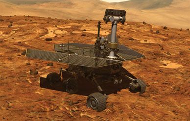 A simulated Mars Exploration Rover roams a simulated planet. In January it all becomes real.