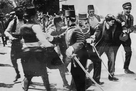 Soldiers arrest Gavrilo Prinzip, assassin of the Archduke Franz Ferdinand in Sarajevo.