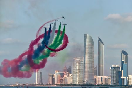 The United Arab Emirates’ team, Al Fursan (The Knights), flies Alenia Aermacchi MB 339s over Abu Dhabi during a 2014 airshow.