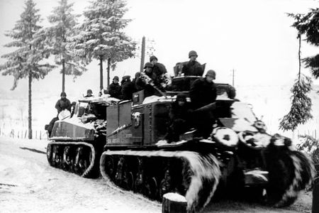 Tank convoy through the Ardennes, Belgium, during the Battle of the Bulge in January 1945