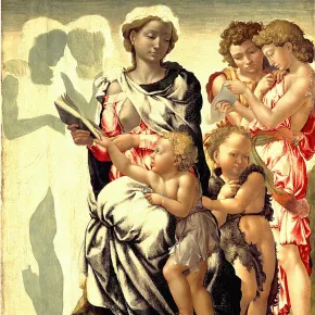 An image of Michelangelo's painting, Manchester Madonna. The painting is unfinished and features the outlines of two angels in the background in green tempera paint