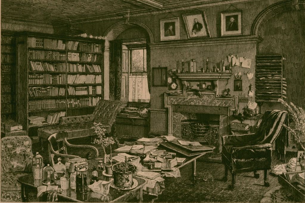 A black and white etching of Darwin's study, commissioned a week after Darwin's death. The image shows a full, messy study with many books and papers.