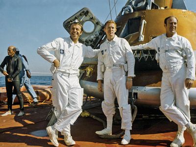 America’s first astronaut Alan Shepard (left) is all smiles during water egress training in 1970 with his Apollo 14 crewmates Stuart Roosa and Ed Mitchell (right). They would fly to the moon the following year.