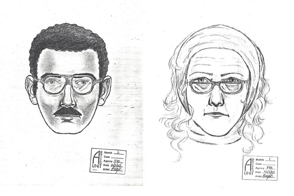 Police sketches of the man and woman who stole Willem de Kooning's Woman-Ochre from the University of Arizona Museum of Art in November 1985