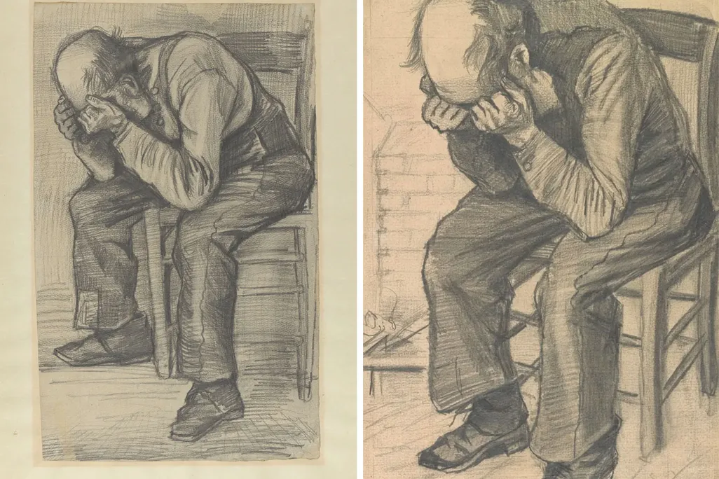 The newly authenticated sketch (left) and the final drawing, titled Worn Out (right)