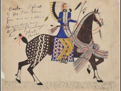An example from a collection of drawings made by Sioux artists living in Fort Yates, North Dakota, in 1913.