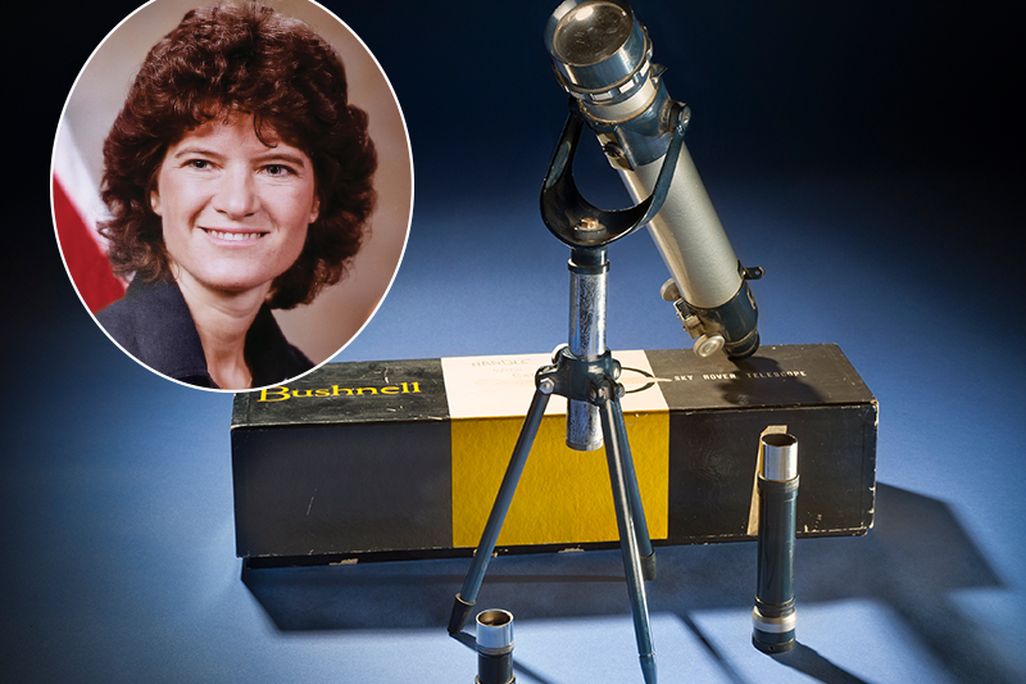 A portrait of Sally Ride and here childhood telescope