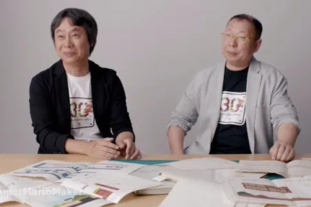 Super Mario Bros. creators Shigeru Miyamoto and Takashi Tezuka in a screenshot from Kotaku's YouTube video "Design History of Super Mario Maker, E3 2015"