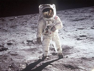 Apollo 11 astronaut Buzz Aldrin walks on the moon surface in July of 1969.