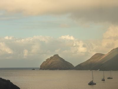 The entrance to Taiohae Bay, on the island of Nuku Hiva, where Herman Melville lived in 1842.
