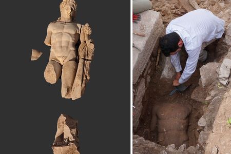 Fragments of the Hercules statue (left) and an archaeologist excavating the artwork (right)