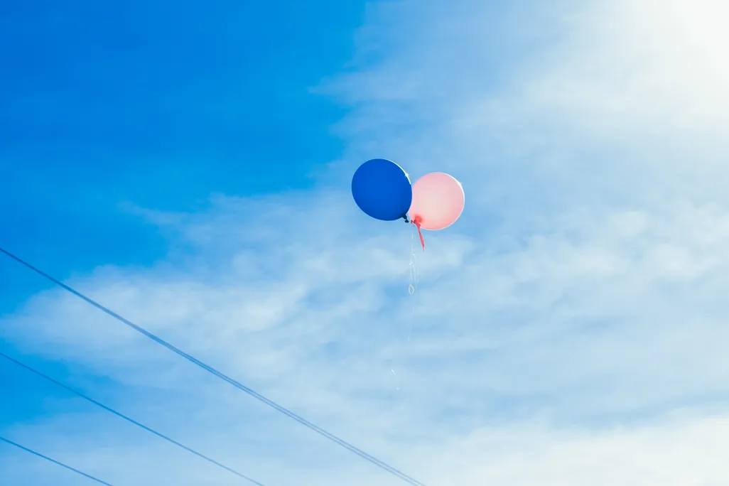 Balloons floating in sky above power lines
