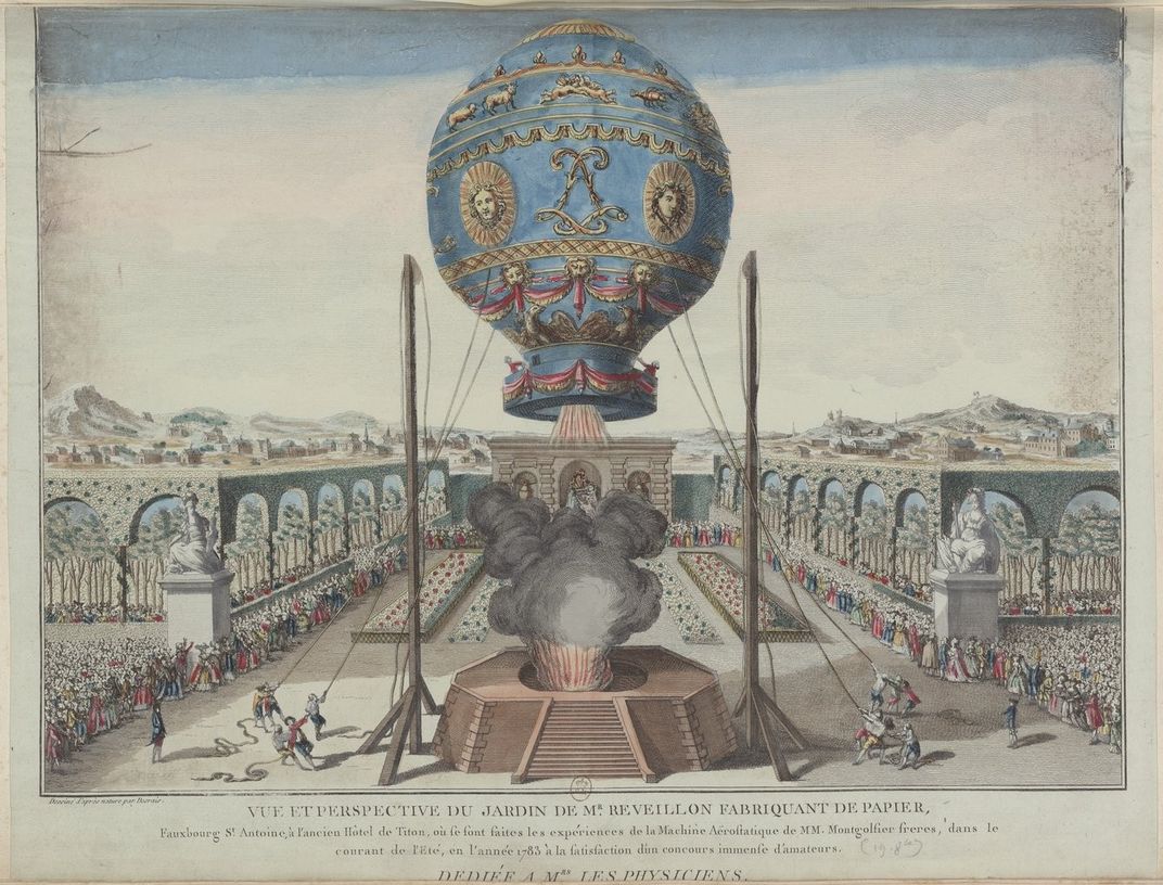 A drawing of the Montgolfier brothers' hot-air balloon