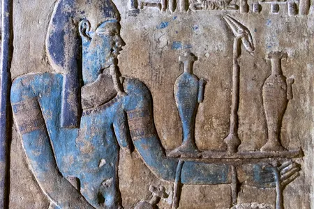 The temple walls' reliefs were restored to reveal colorful paint that decorated carvings of Egyptian gods.