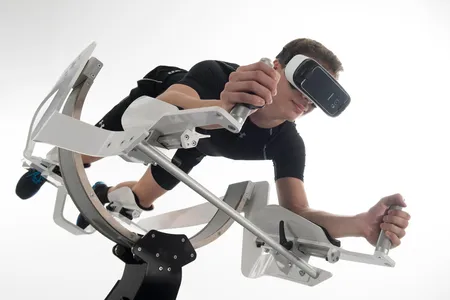 The ICAROS virtual reality flight simulator doubles as an excercise machine.