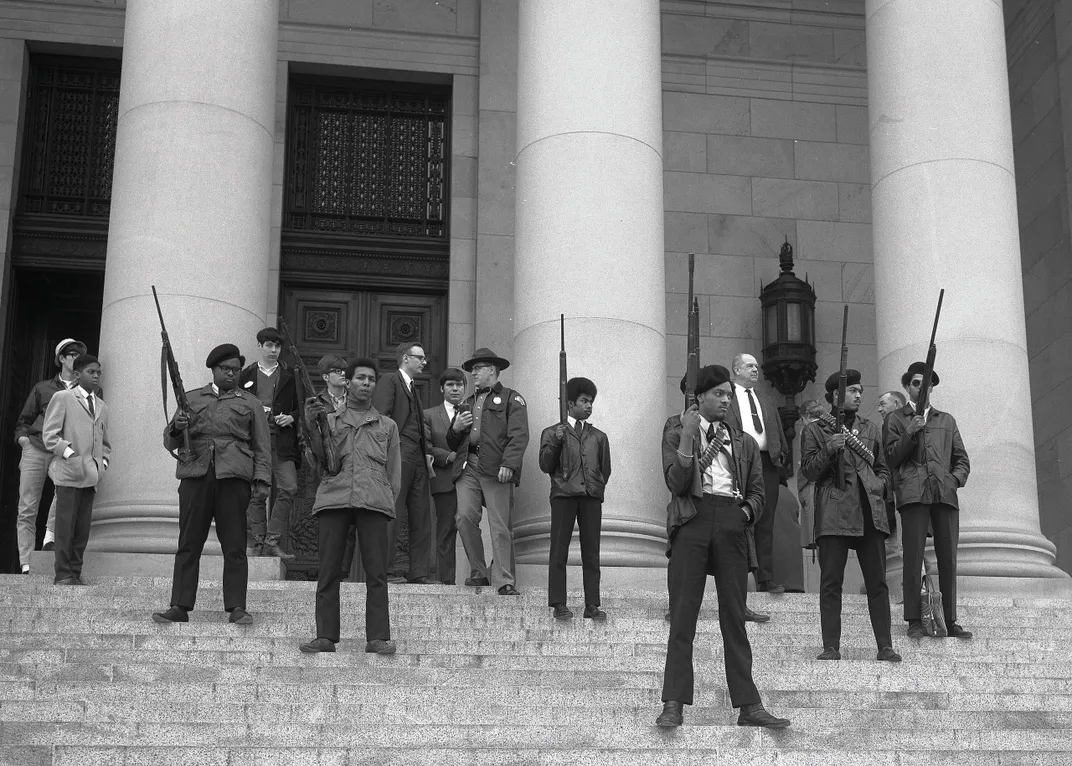 Panthers gather for an armed demonstration at the California State Capitol on May 2, 1967.