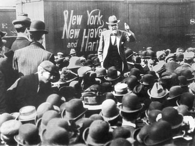 Debs campaigning for the presidency before a freight-yard audience in 1912.