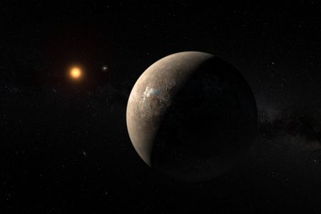 Artist's impression of the planet Proxima b orbiting the red dwarf star Proxima Centauri. The double star Alpha Centauri AB also appears in the picture.