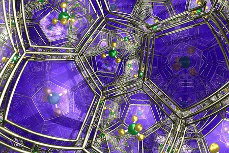 An artist’s rendering of methane hydrate’s small-scale structure, with a methane molecule in green and gold trapped within a blue and silver cage of water.