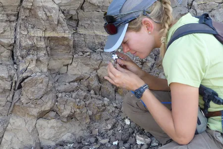 Using a geologist’s magnifying glass, Erin DiMaggio carefully scans a piece of volcanic ash in search of tiny minerals that hold the key to determining the age of nearby fossils.  