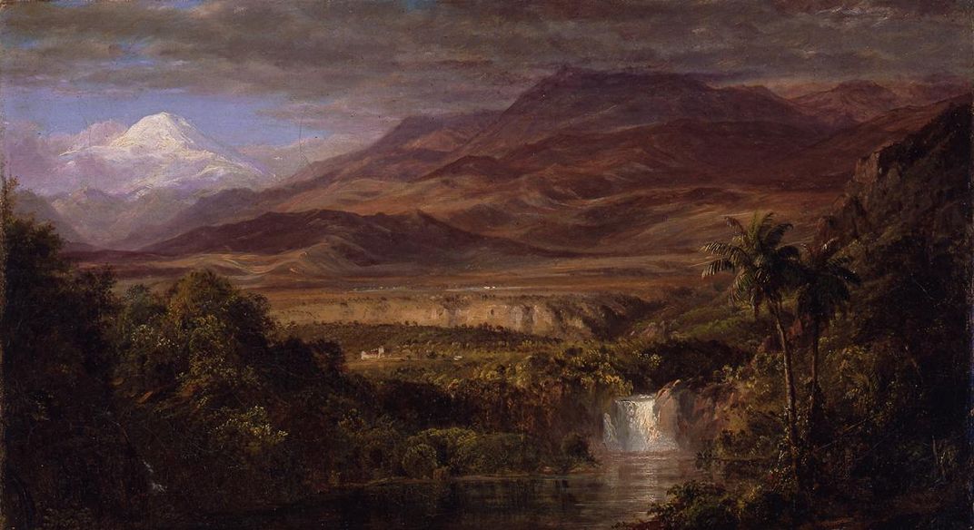 A painting of a landscape with a mountain