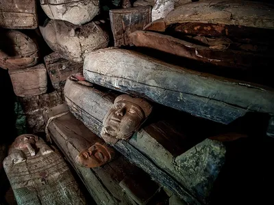 Beneath the ruins of the Bubasteion temple, archaeologists discovered “megatombs” crammed with burials. The coffins pictured date to more than 2,000 years ago.