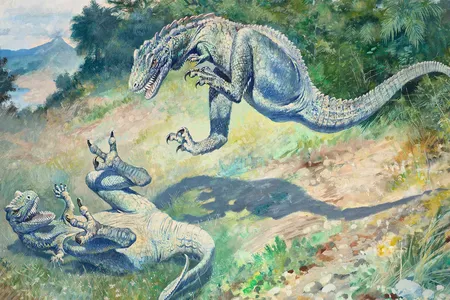 An 1897 painting by Charles R. Knight depicting two dinosaurs called &ldquo;Laelaps&rdquo; in an energetic fight, suggesting they may have been warm-blooded.