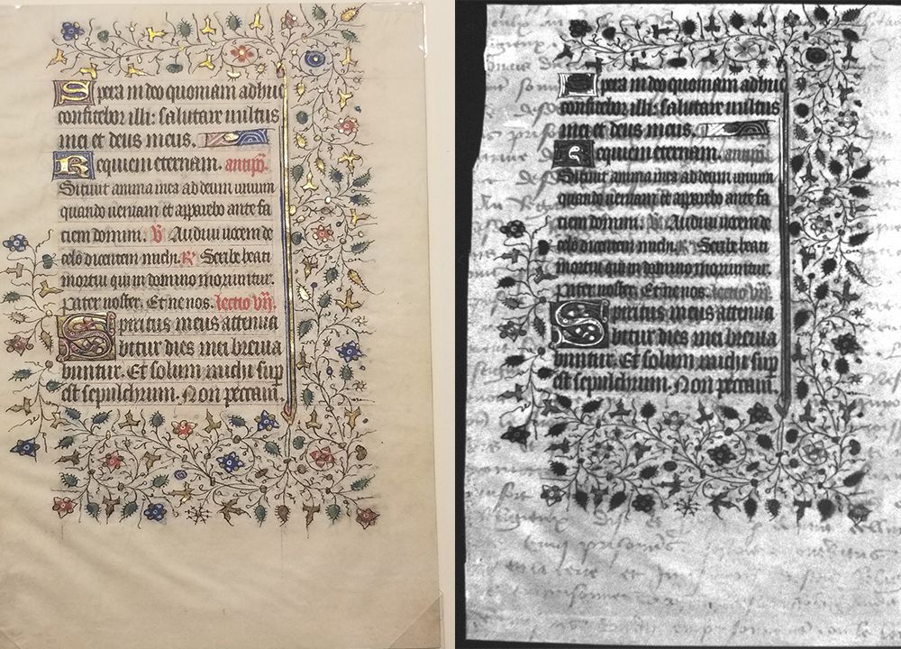 Left, an illustrated manuscript image in color; paper is a pale yellow and ornate Gothic text surrounded by ivy and flowers; right, the same text is black-and-white with the traces of dense cursive script visible, layered below