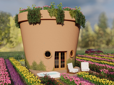 A rendering of a giant flower pot vacation rental on a farm in Idaho, designed by Whitney H. from the United States