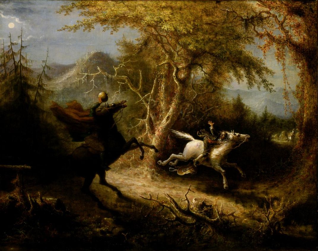 A painting of a landscape with a man on a horse and a missing head.