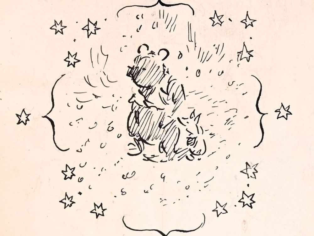 Black sketch of Winnie-the-Pooh against white backdrop