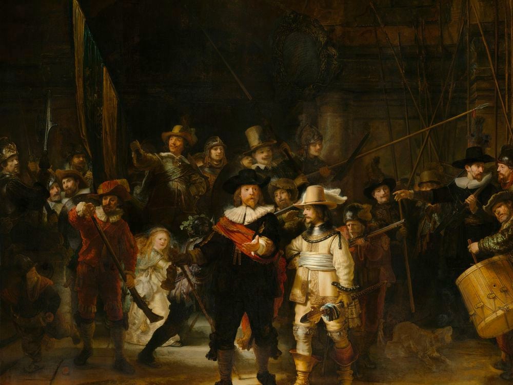 The Night Watch painting itself, a grand composition featuring a central captain surrounded by men with weapons, a drummer, a dog, and a pale young woman wearing a white dress