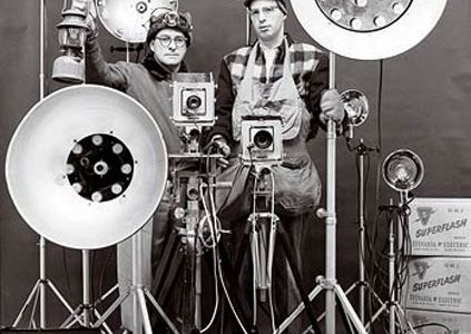 Most of the flash equipment was custom-built, but Link (left) and his assistant George Thom also used miners' headlamps while they were setting up shots after dark.