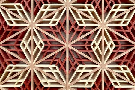 A detail shot of&nbsp;Triptych #3, David Gootnick,&nbsp;Alaskan yellow cedar and redheart on washi paper, 2023