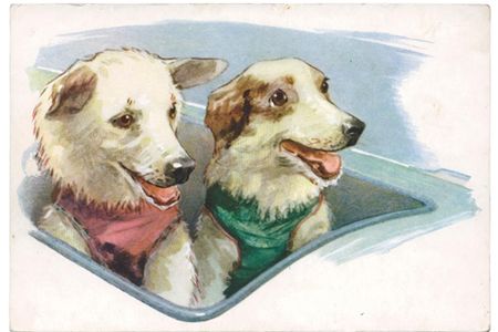 Portraits of Belka and Strelka—adorably dressed in their red and green spacesuits—appeared on postcards (shown here), chocolates, matchboxes, stamps, and toys soon after their orbital flight in 1960.  