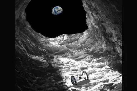 An artist's concept of the Axel rover rappelling into a lunar pit.